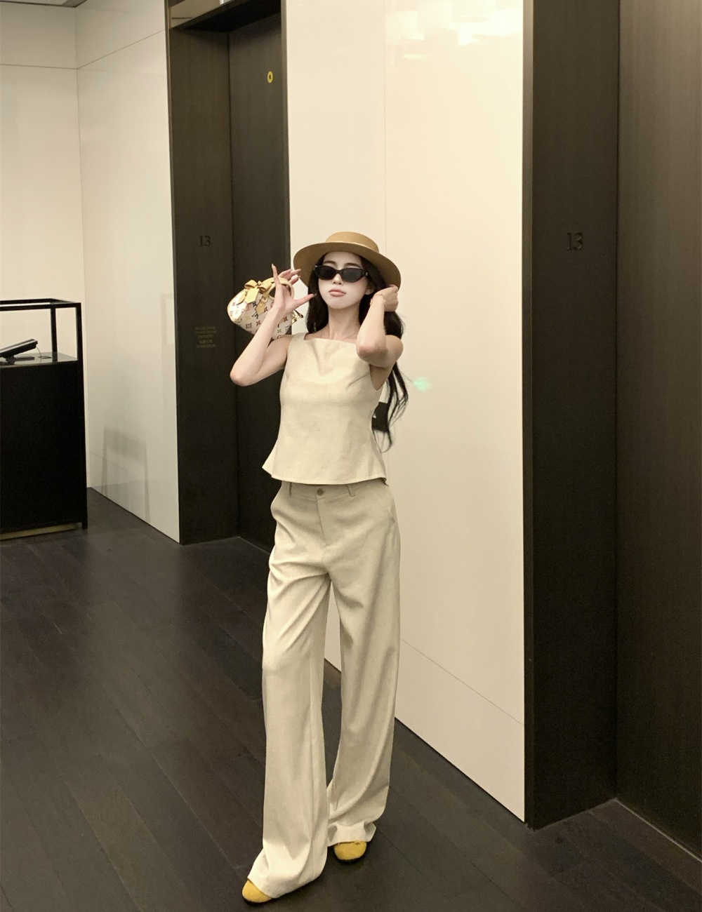Pinched waist sleeveless tops summer frenum shirt a set