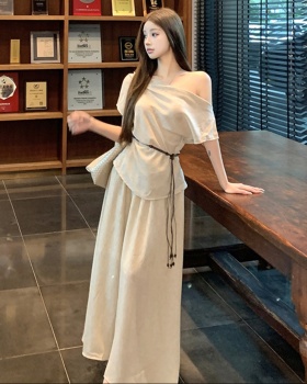 Short sleeve lazy tops sloping shoulder skirt 2pcs set