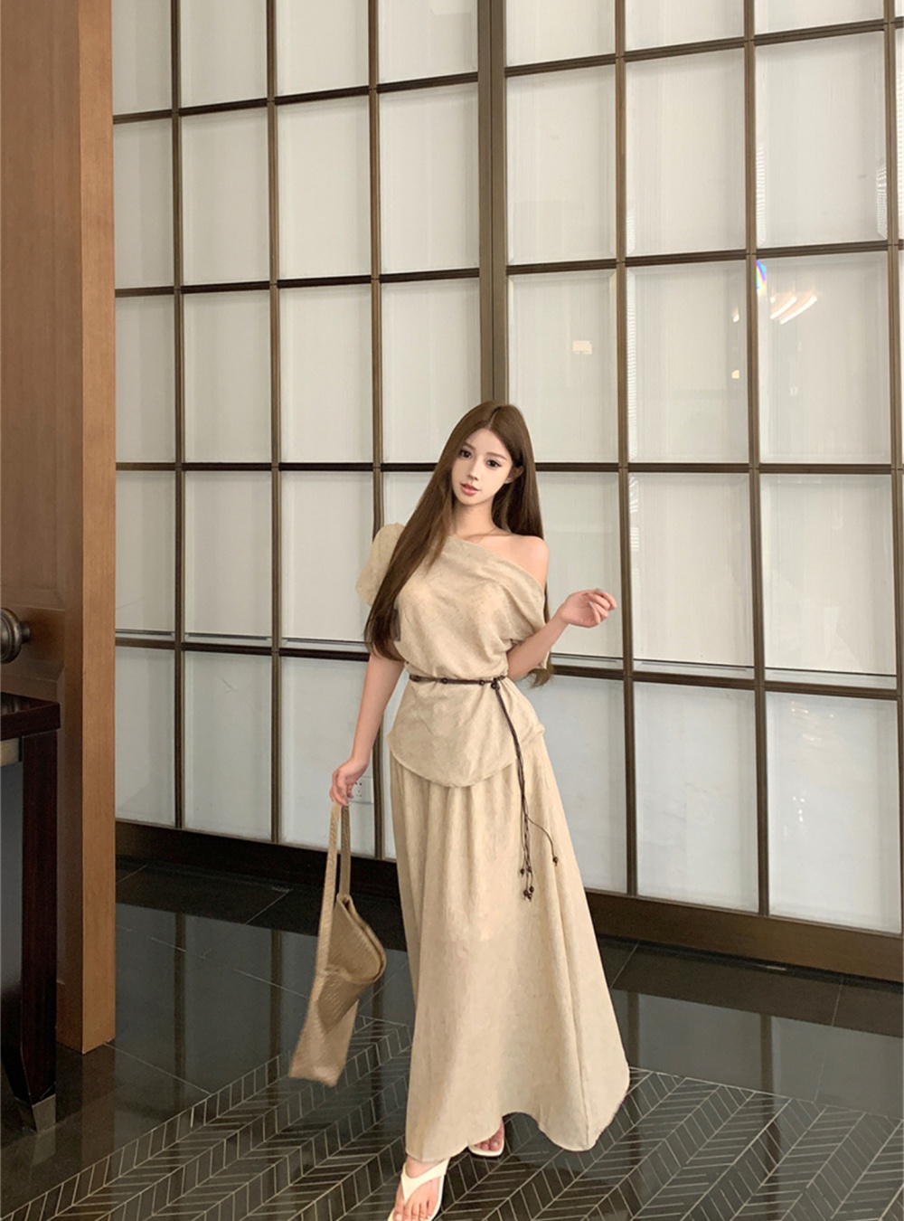 Short sleeve lazy tops sloping shoulder skirt 2pcs set