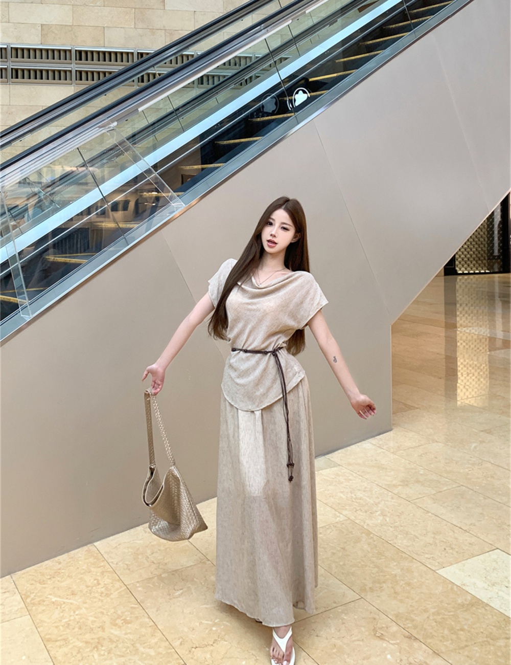 Short sleeve lazy tops sloping shoulder skirt 2pcs set