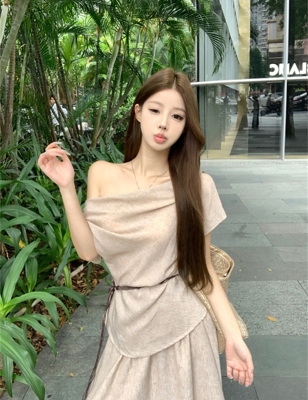 Short sleeve lazy tops sloping shoulder skirt 2pcs set
