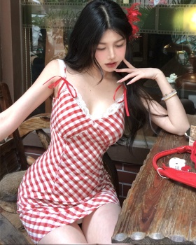 Red vacation dress pinched waist summer T-back for women