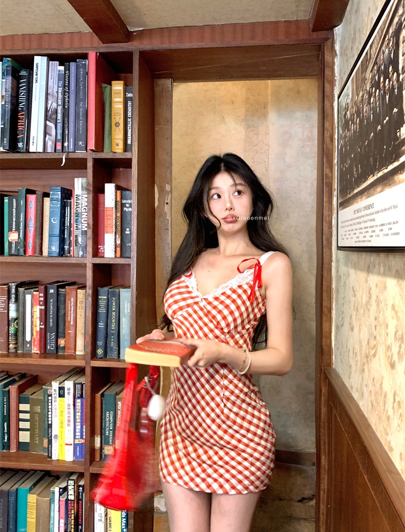 Red vacation dress pinched waist summer T-back for women