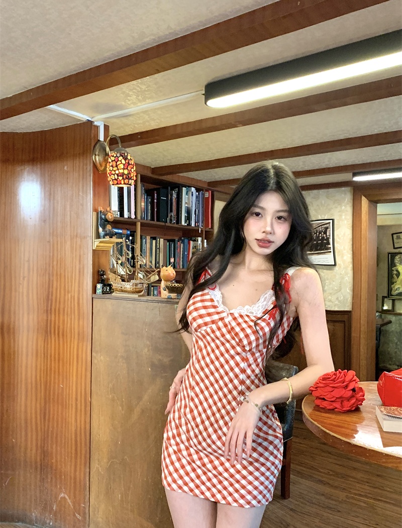 Red vacation dress pinched waist summer T-back for women