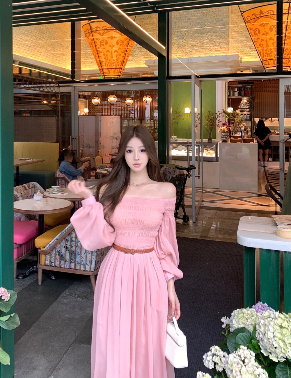 Flat shoulder wrapped chest long dress summer dress