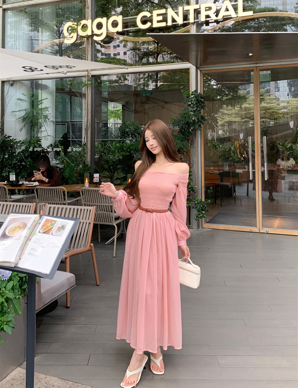 Flat shoulder wrapped chest long dress summer dress