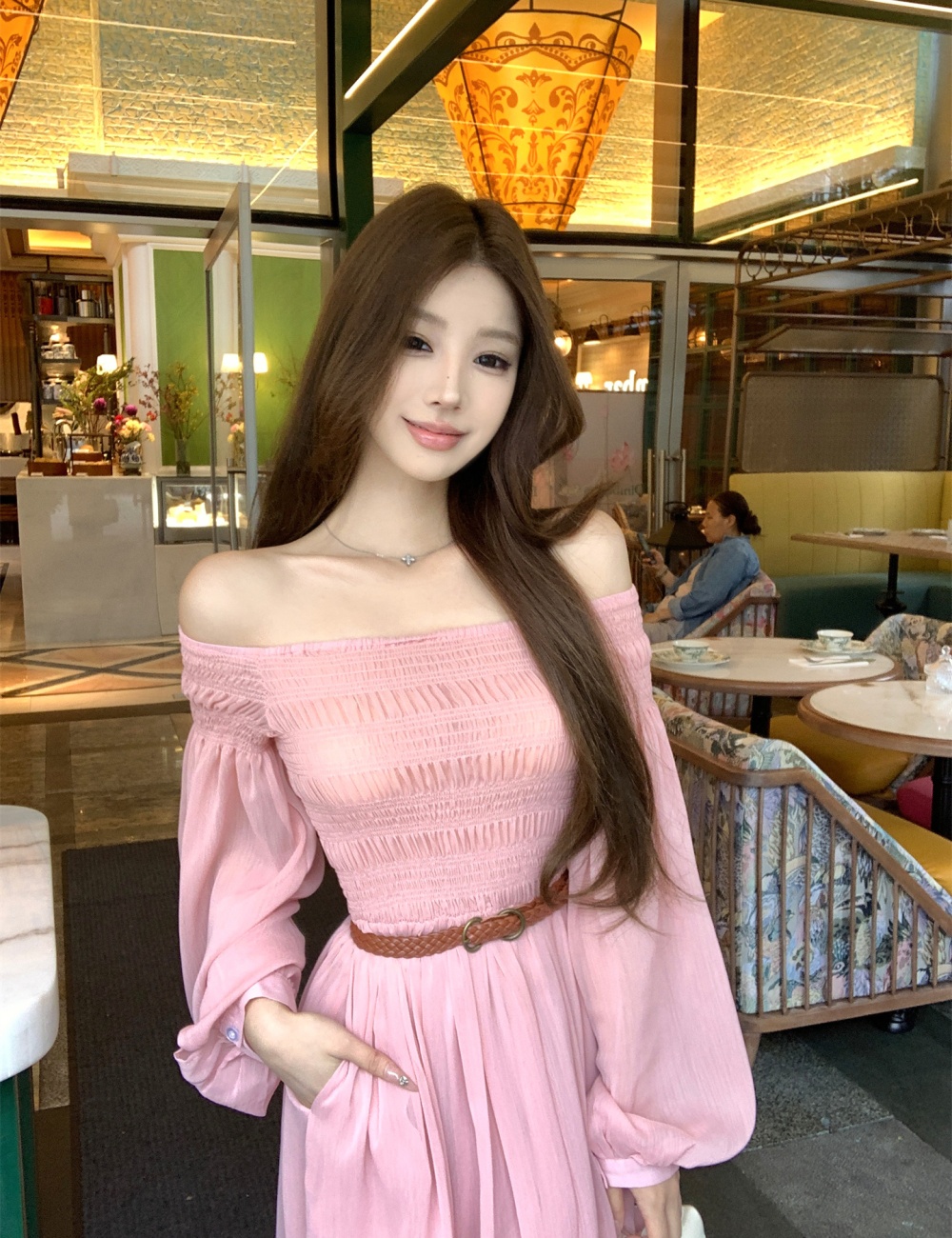 Flat shoulder wrapped chest long dress summer dress