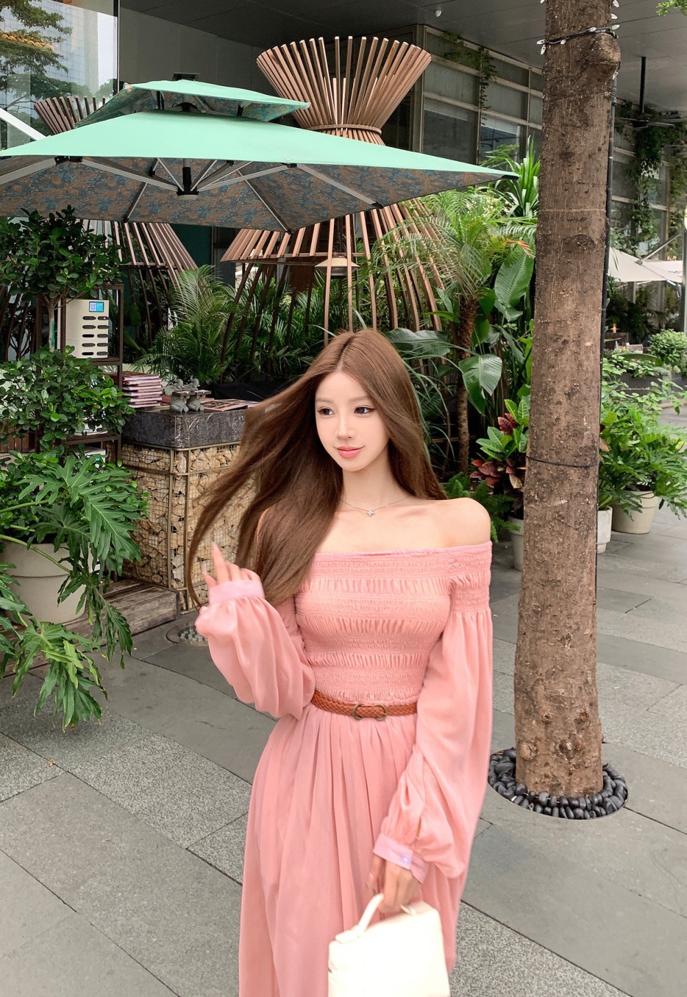 Flat shoulder wrapped chest long dress summer dress