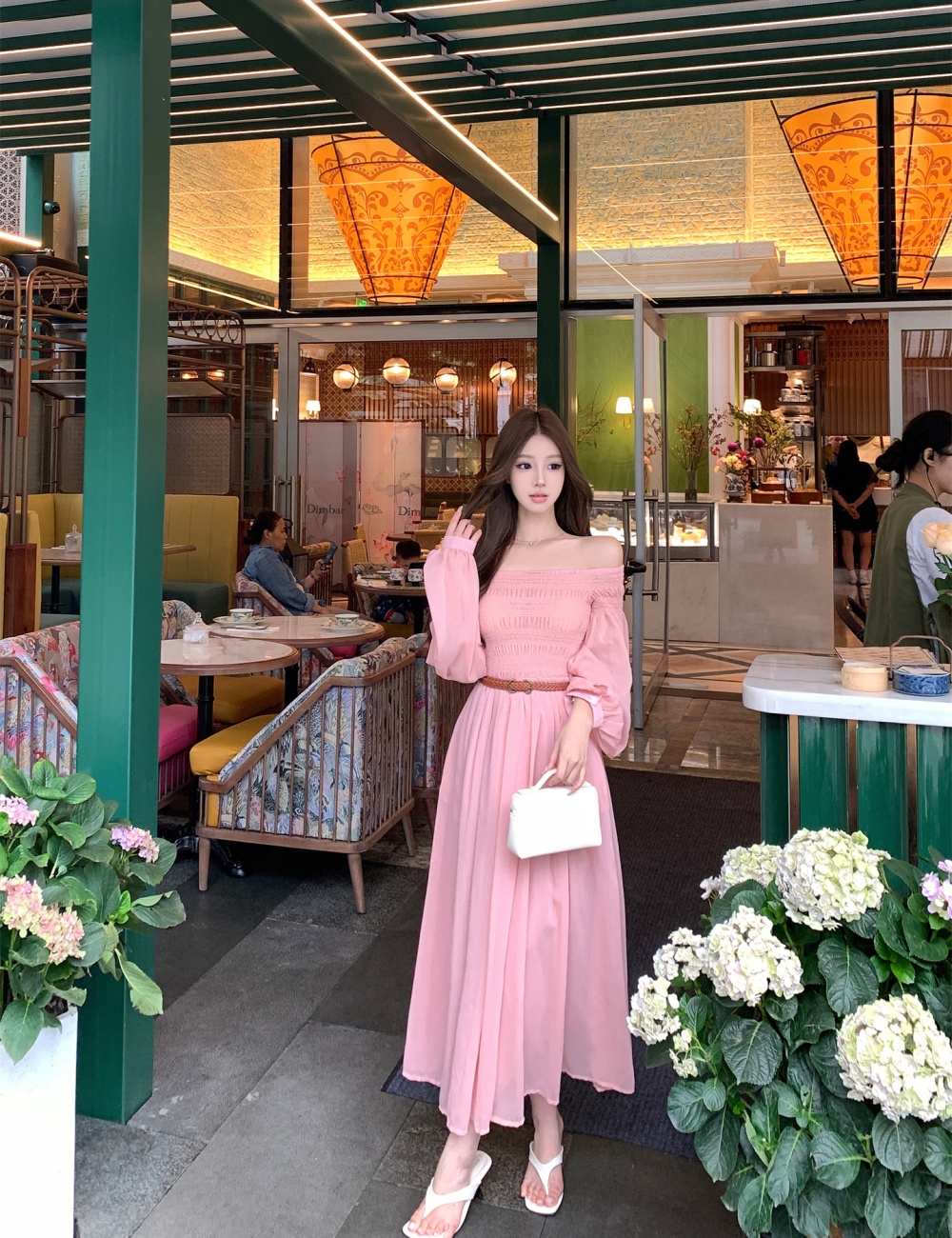 Flat shoulder wrapped chest long dress summer dress