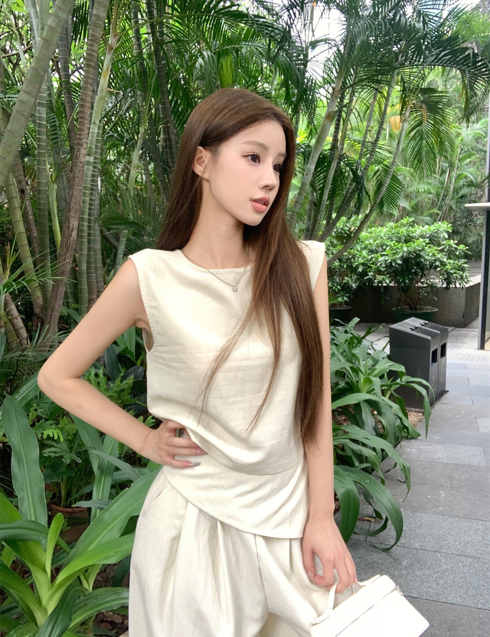 Pure V-neck wide leg pants wear small shirt a set for women