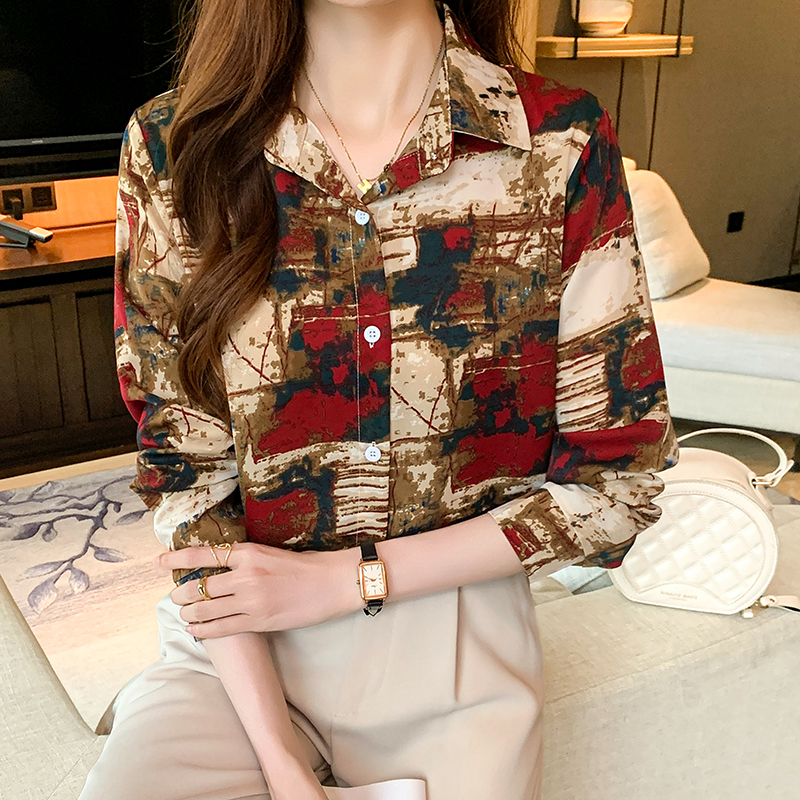 Printing long sleeve shirt Western style autumn chiffon shirt
