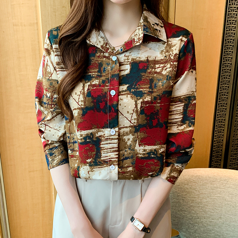 Printing long sleeve shirt Western style autumn chiffon shirt