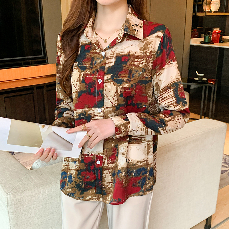 Printing long sleeve shirt Western style autumn chiffon shirt