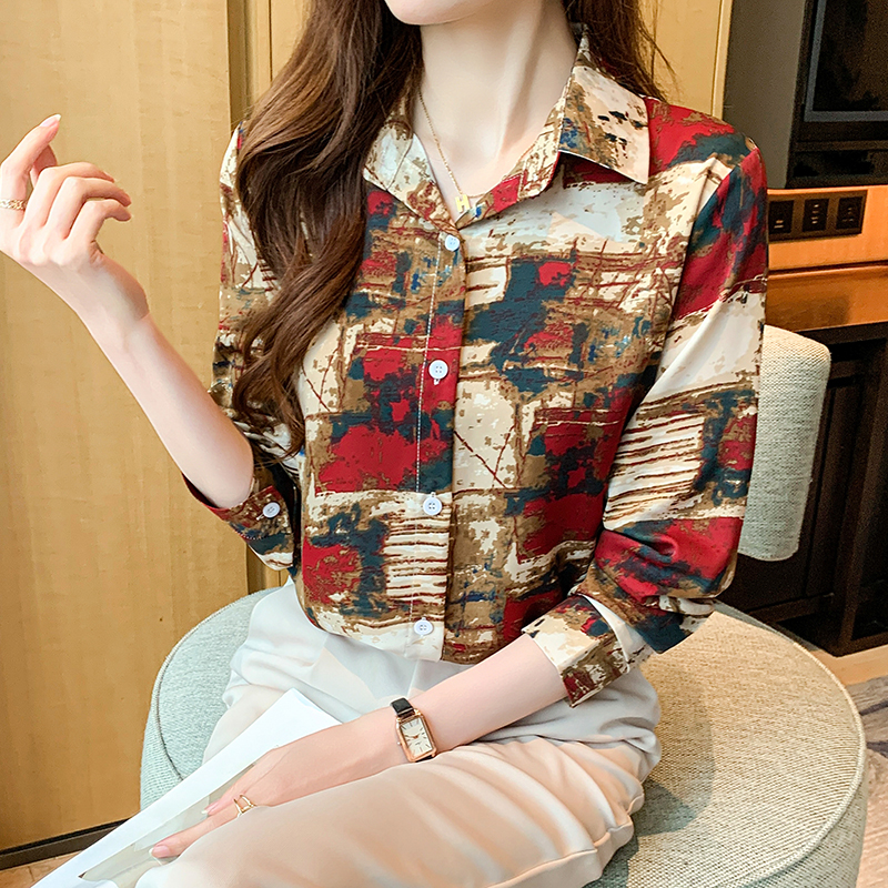 Printing long sleeve shirt Western style autumn chiffon shirt