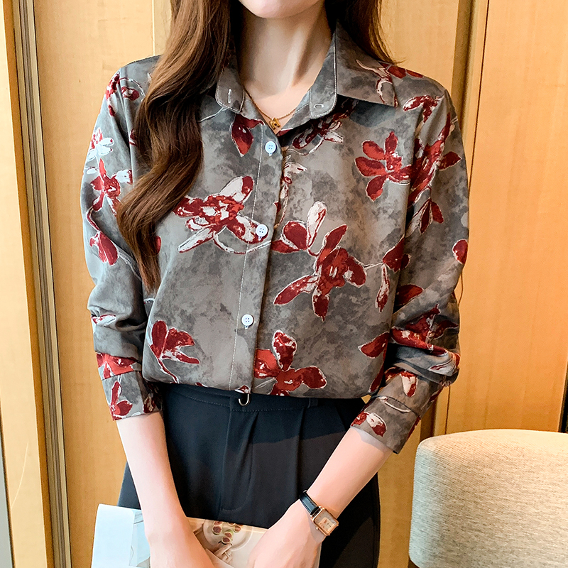 Printing chiffon tops long sleeve autumn shirt for women