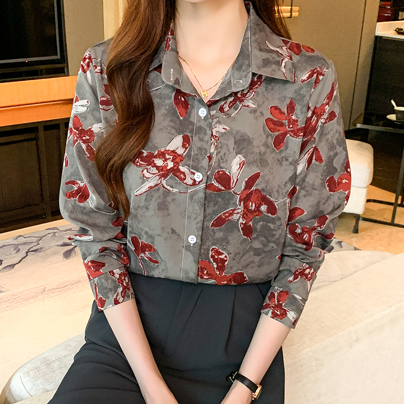 Printing chiffon tops long sleeve autumn shirt for women