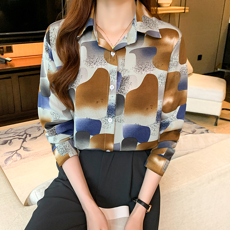 Chiffon printing shirt long sleeve loose tops for women