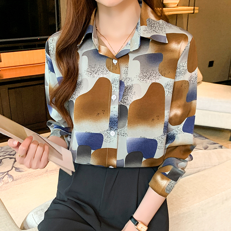 Chiffon printing shirt long sleeve loose tops for women