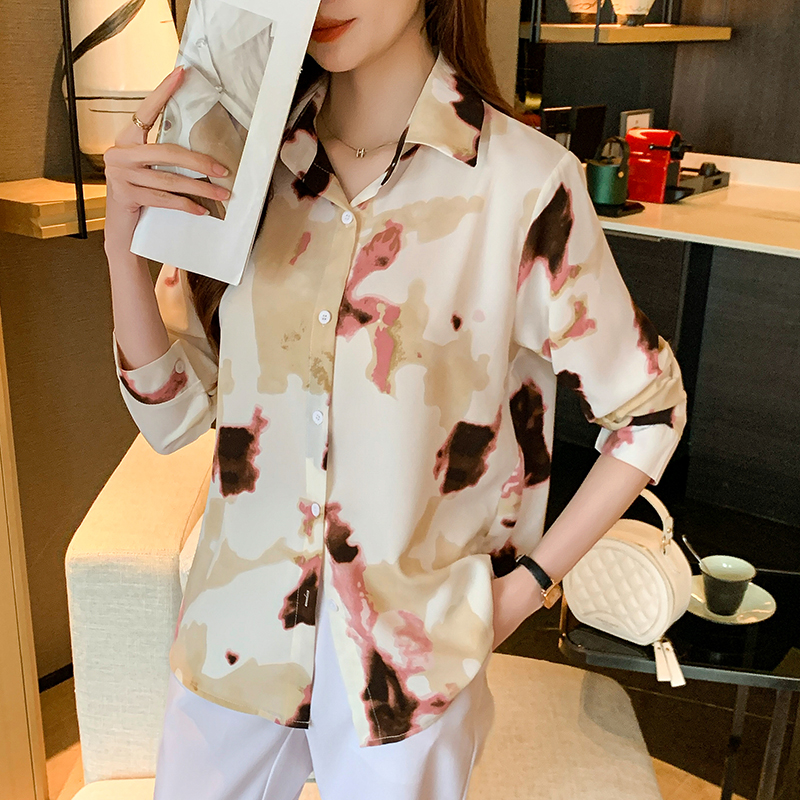Long sleeve printing chiffon shirt loose shirt for women