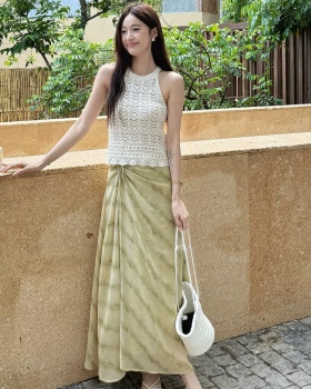 Printing sleeveless vest hollow blooming skirt 2pcs set