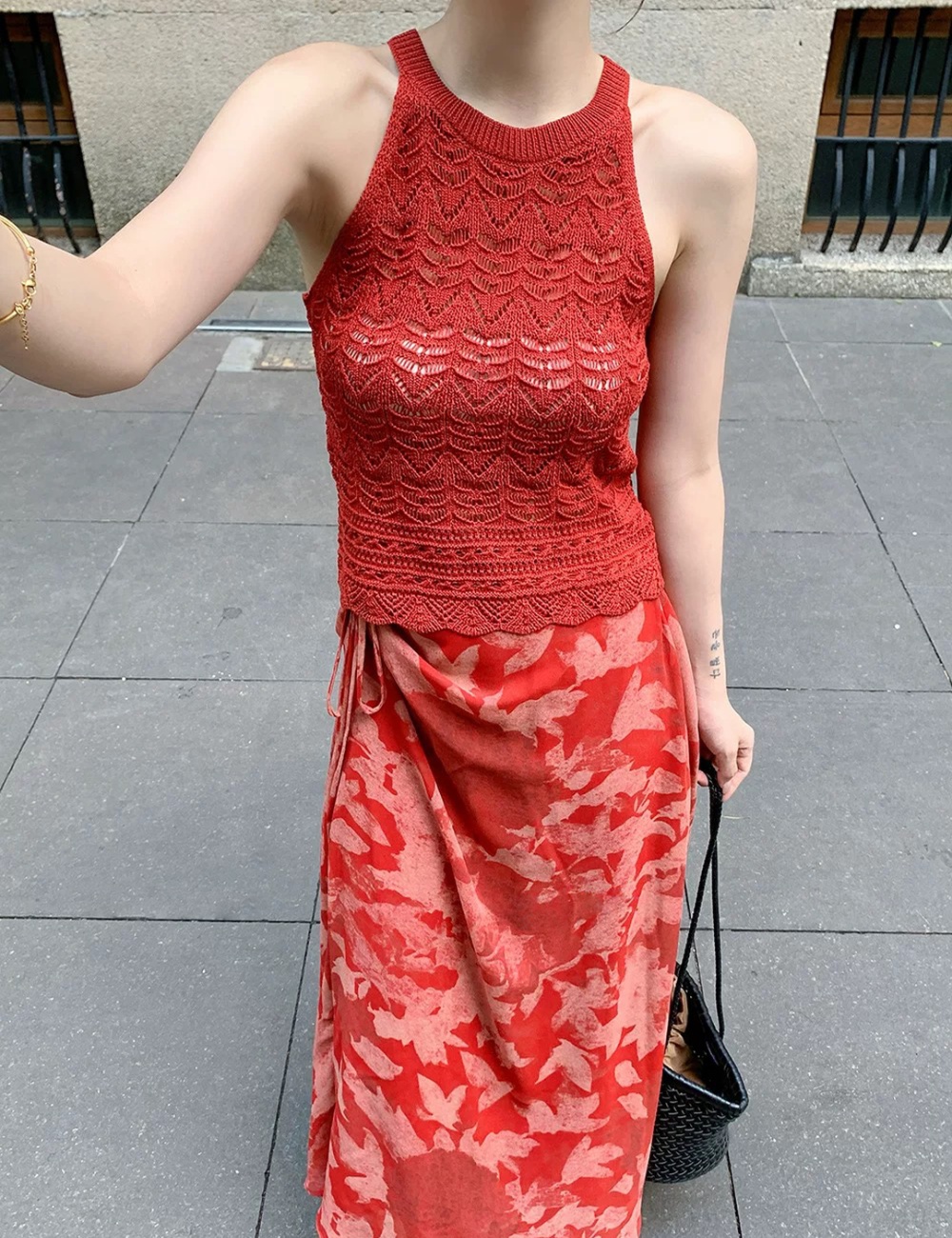 Printing sleeveless vest hollow blooming skirt 2pcs set