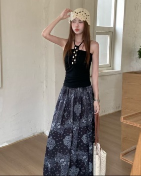 High waist strapless skirt retro vest 2pcs set