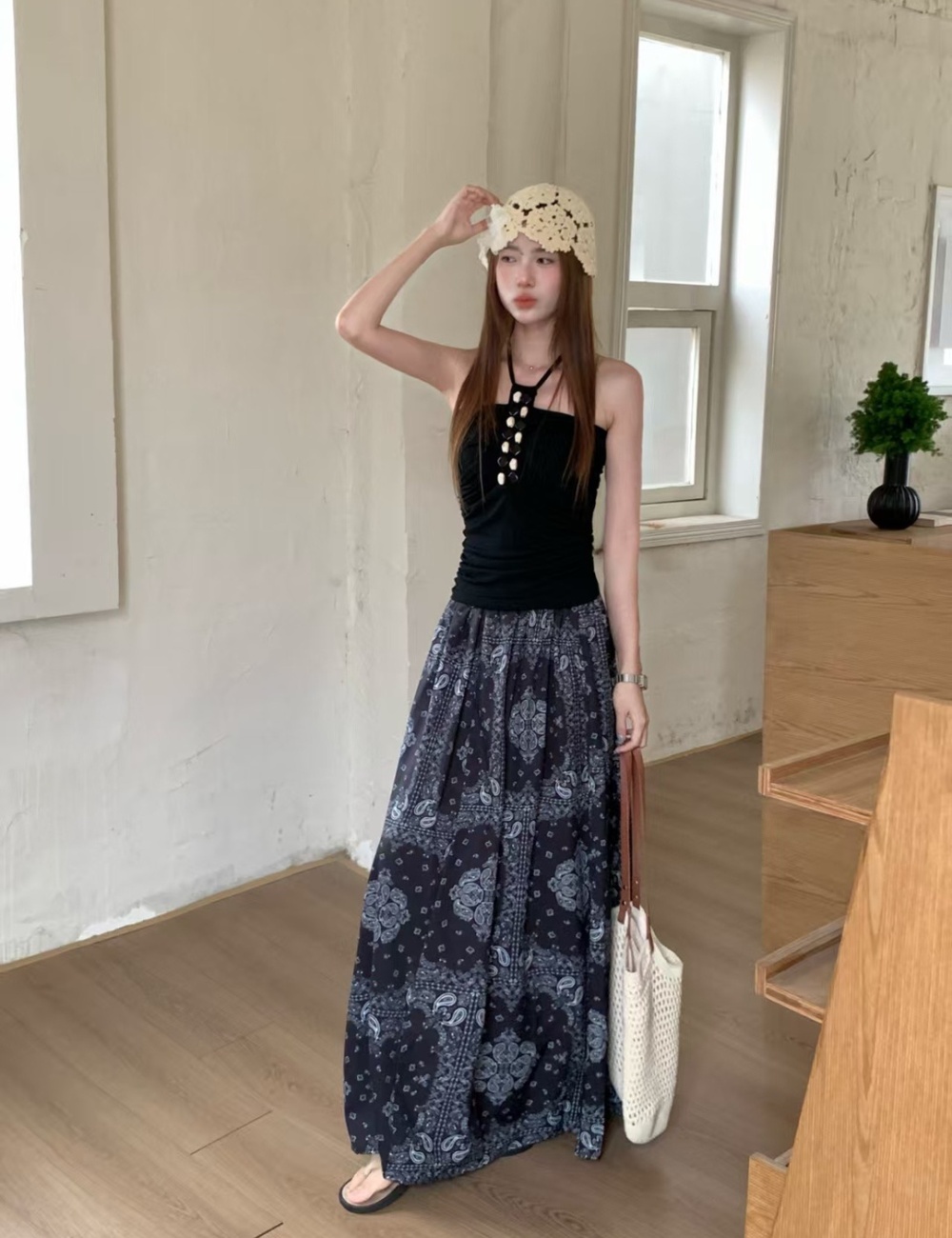 High waist strapless skirt retro vest 2pcs set