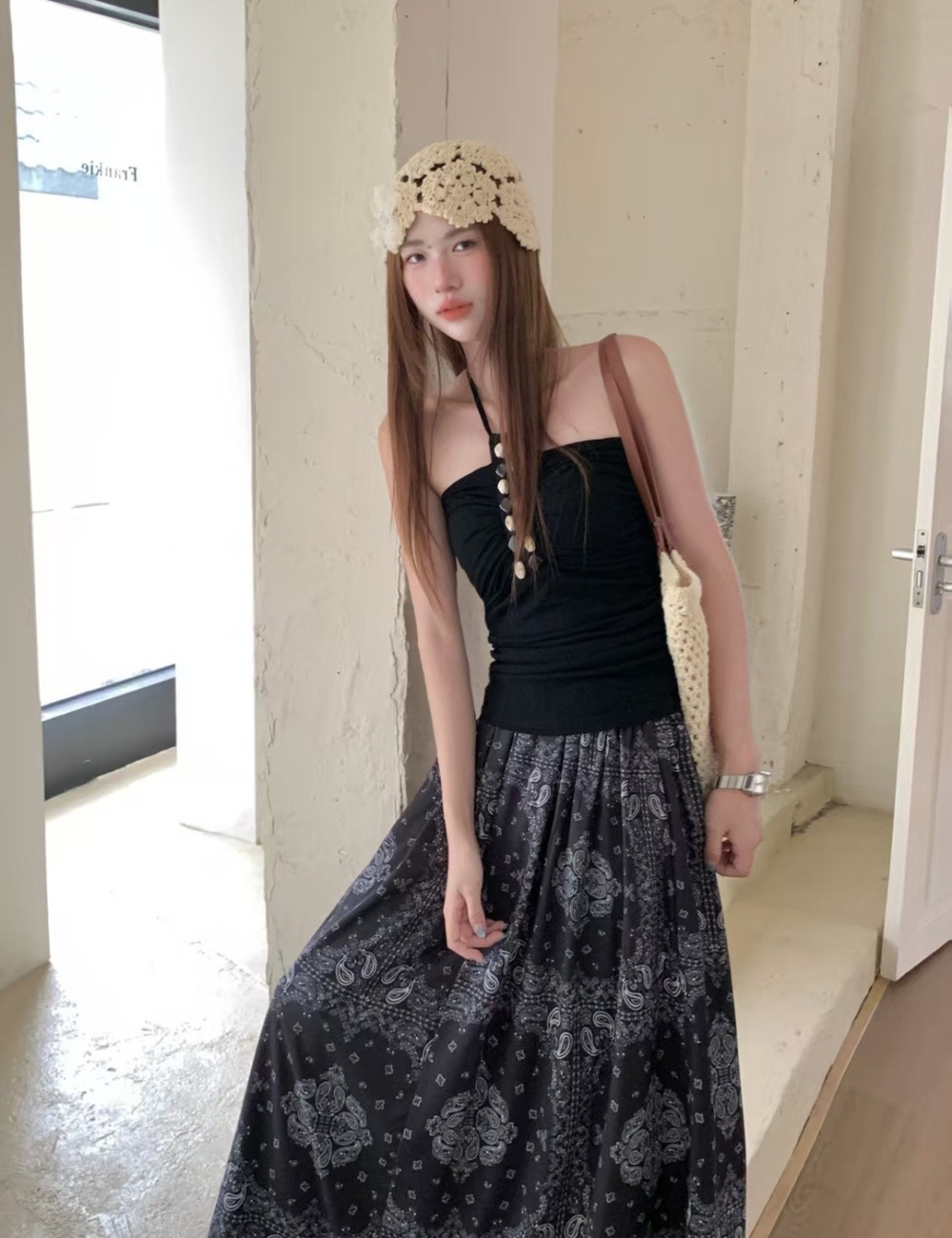 High waist strapless skirt retro vest 2pcs set