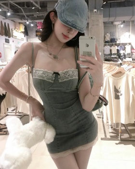 Splice denim sling lace slim enticement dress for women