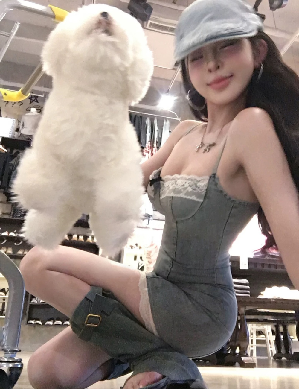 Splice denim sling lace slim enticement dress for women