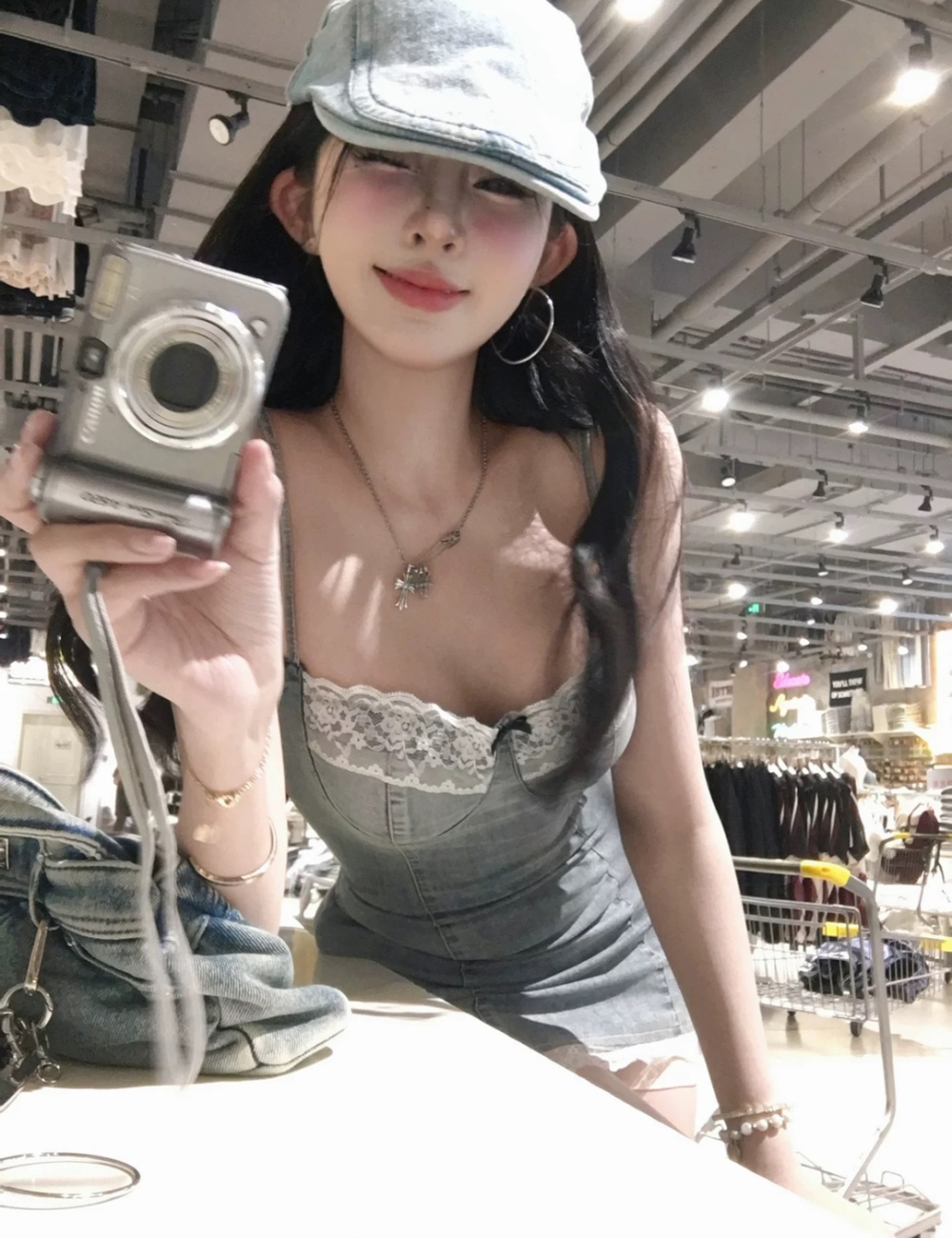 Splice denim sling lace slim enticement dress for women