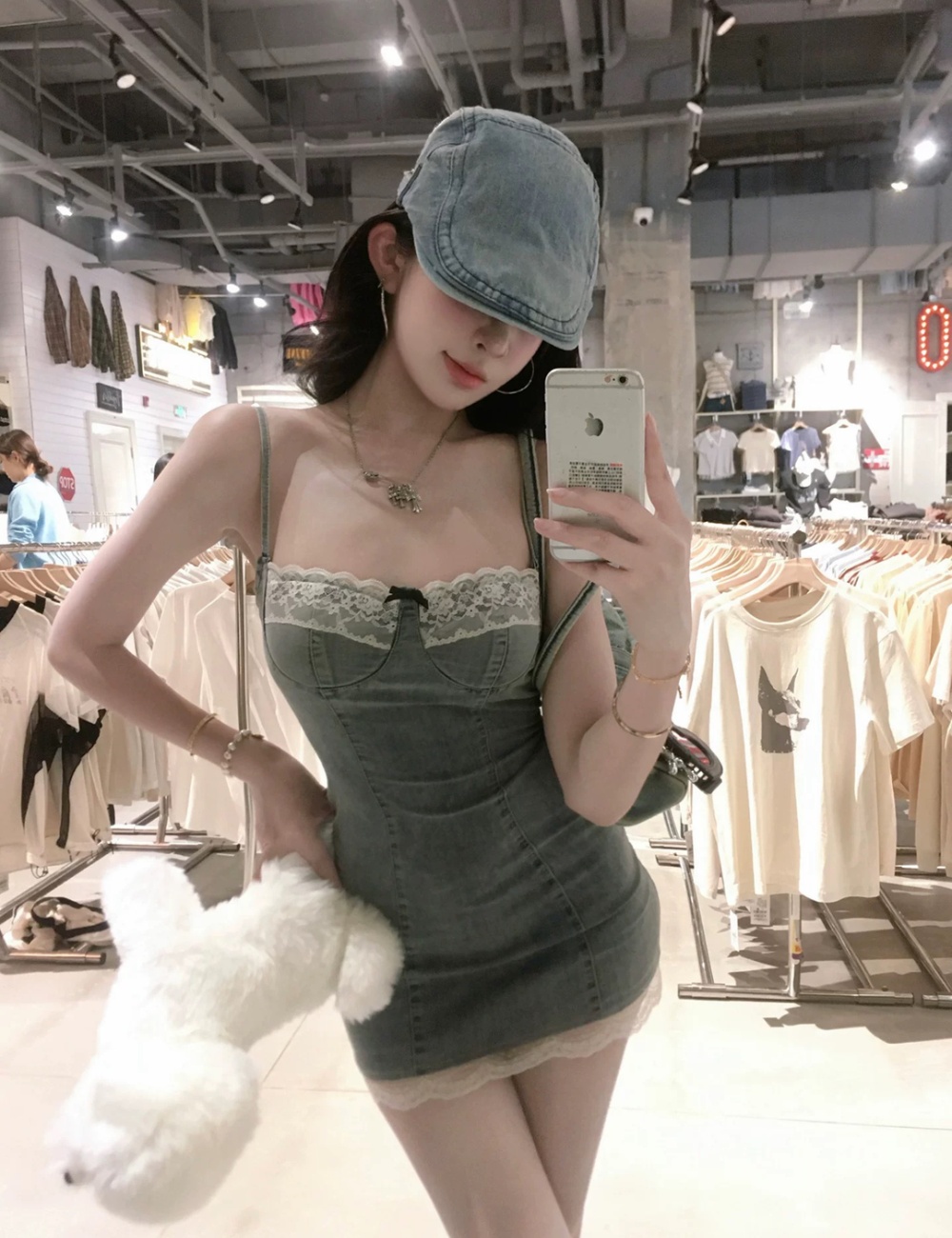 Splice denim sling lace slim enticement dress for women