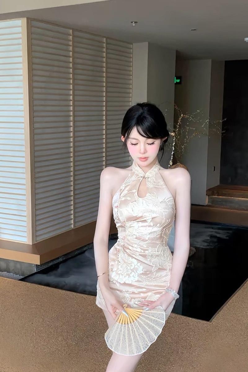 Slim pinched waist cheongsam Chinese style dress for women