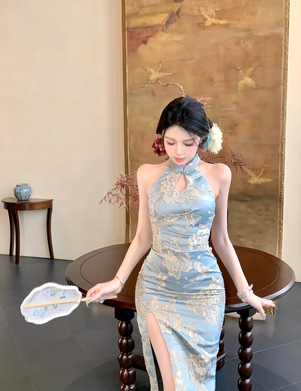 Halter pinched waist cheongsam slim dress for women