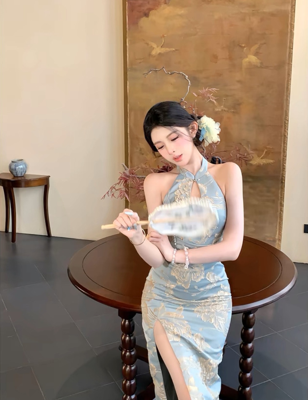 Halter pinched waist cheongsam slim dress for women