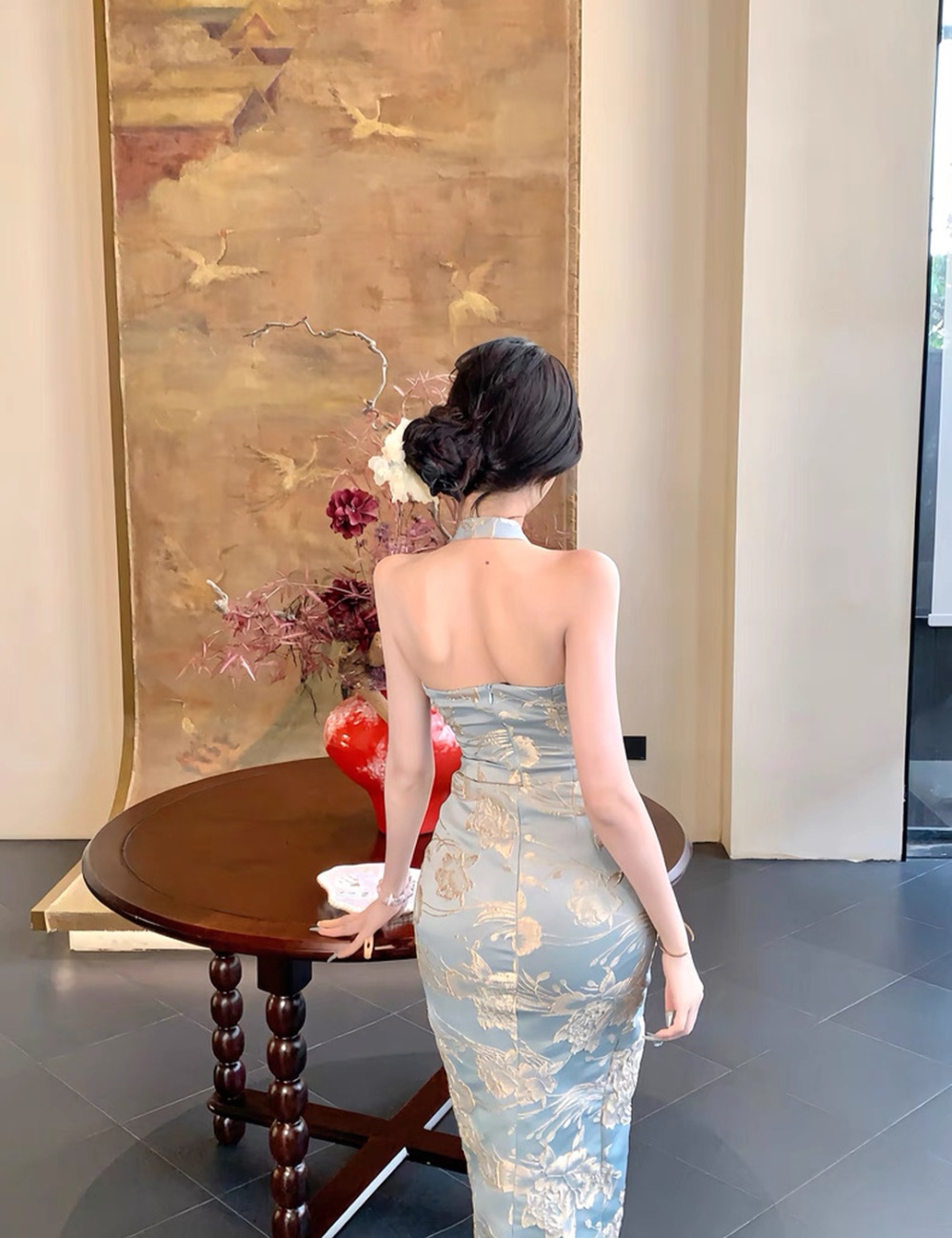 Halter pinched waist cheongsam slim dress for women