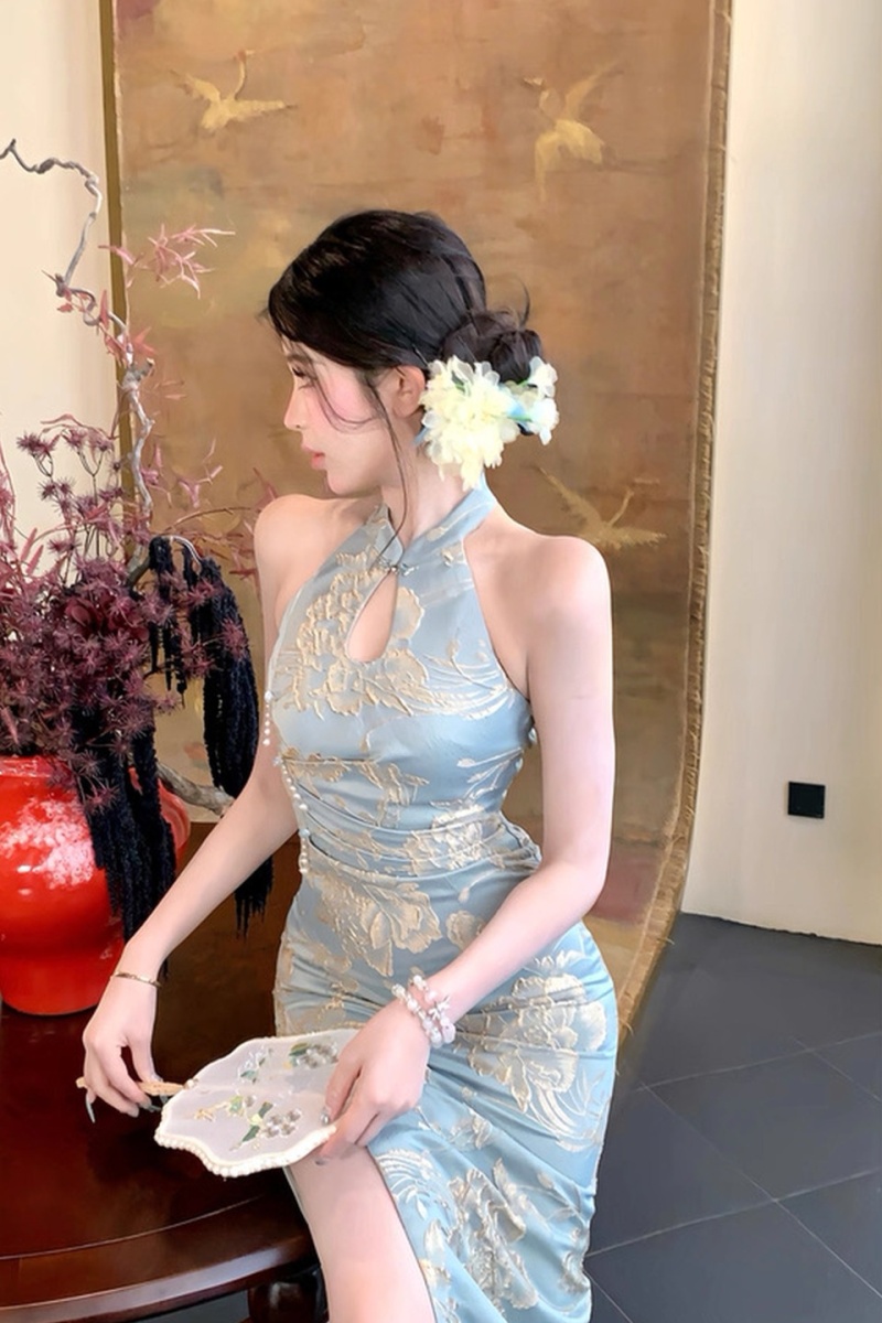 Halter pinched waist cheongsam slim dress for women