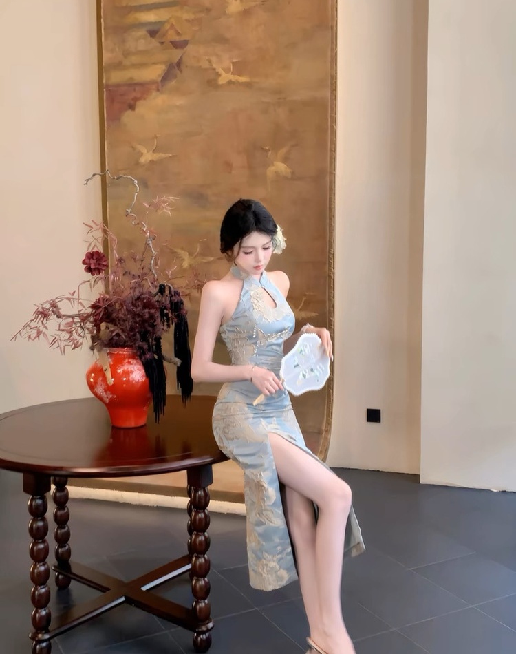 Halter pinched waist cheongsam slim dress for women