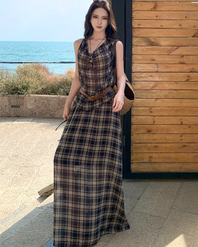 Long plaid skirt sleeveless lazy vest 2pcs set for women