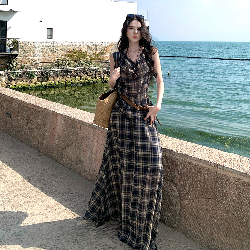 Long plaid skirt sleeveless lazy vest 2pcs set for women