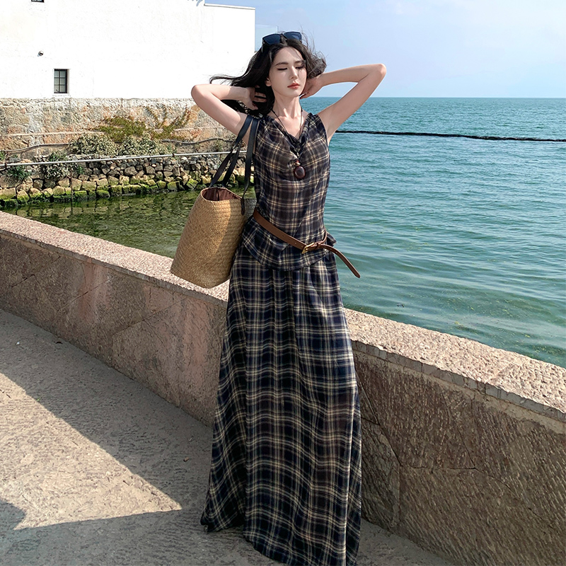Long plaid skirt sleeveless lazy vest 2pcs set for women