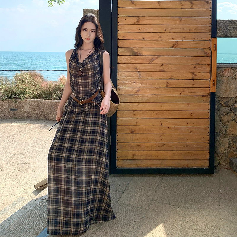 Long plaid skirt sleeveless lazy vest 2pcs set for women