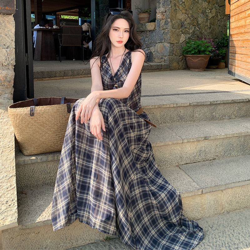 Long plaid skirt sleeveless lazy vest 2pcs set for women