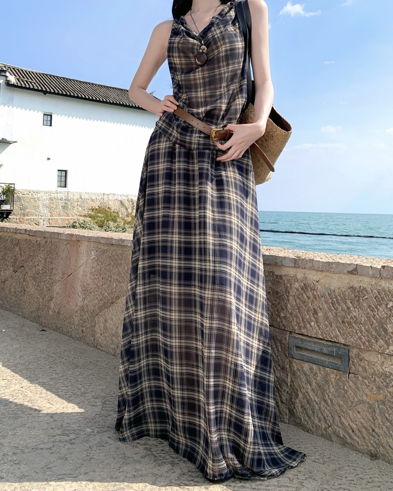 Long plaid skirt sleeveless lazy vest 2pcs set for women