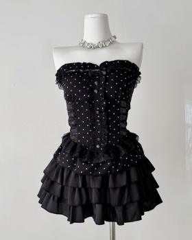 Enticement high waist short skirt polka dot vest a set