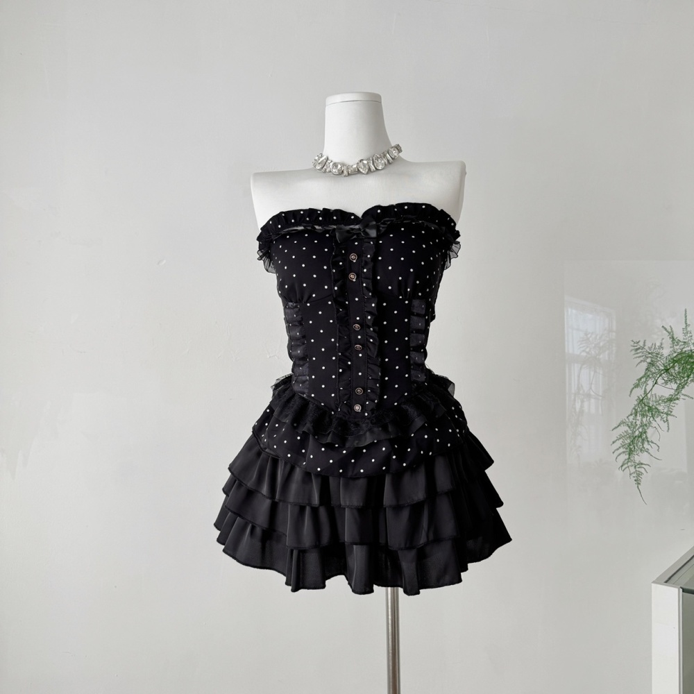 Enticement high waist short skirt polka dot vest a set