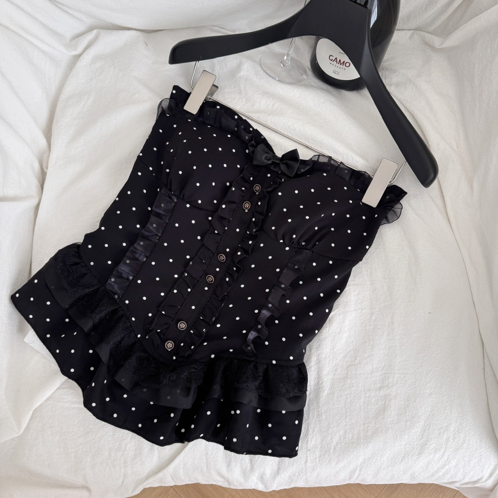 Enticement high waist short skirt polka dot vest a set