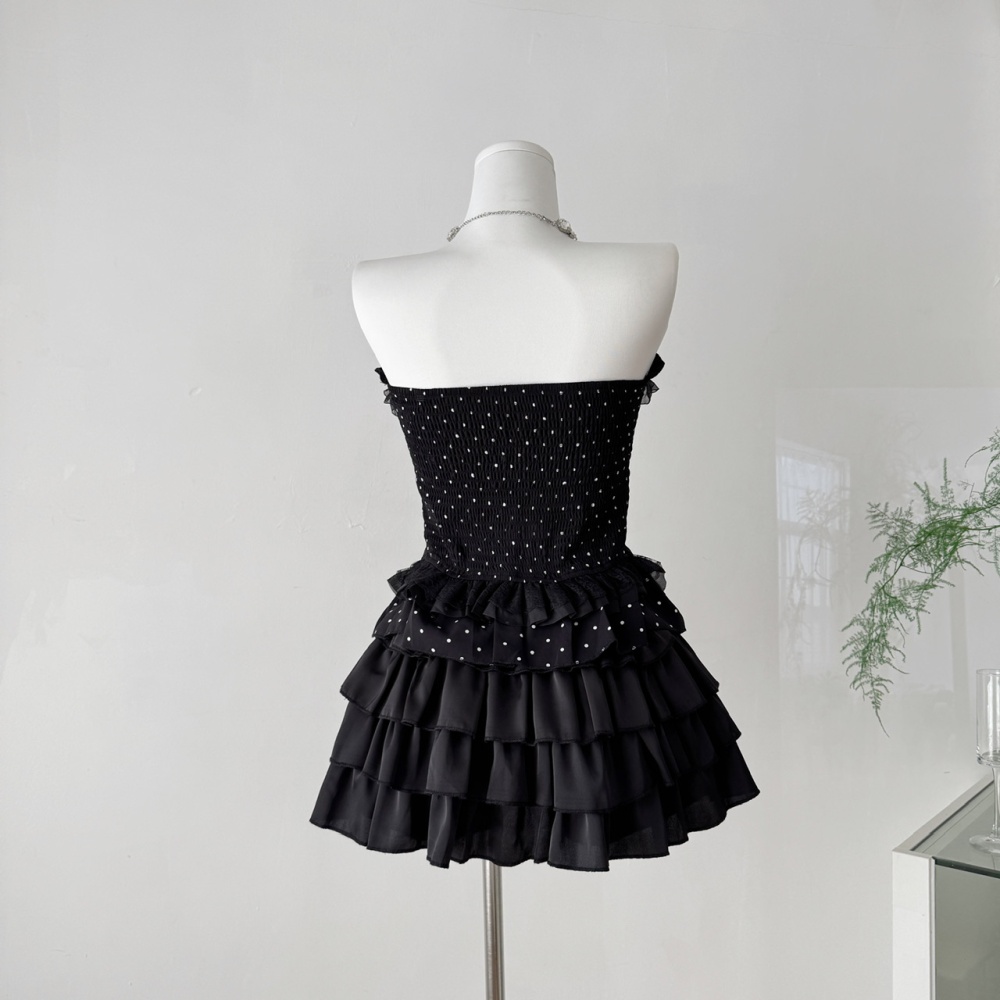 Enticement high waist short skirt polka dot vest a set