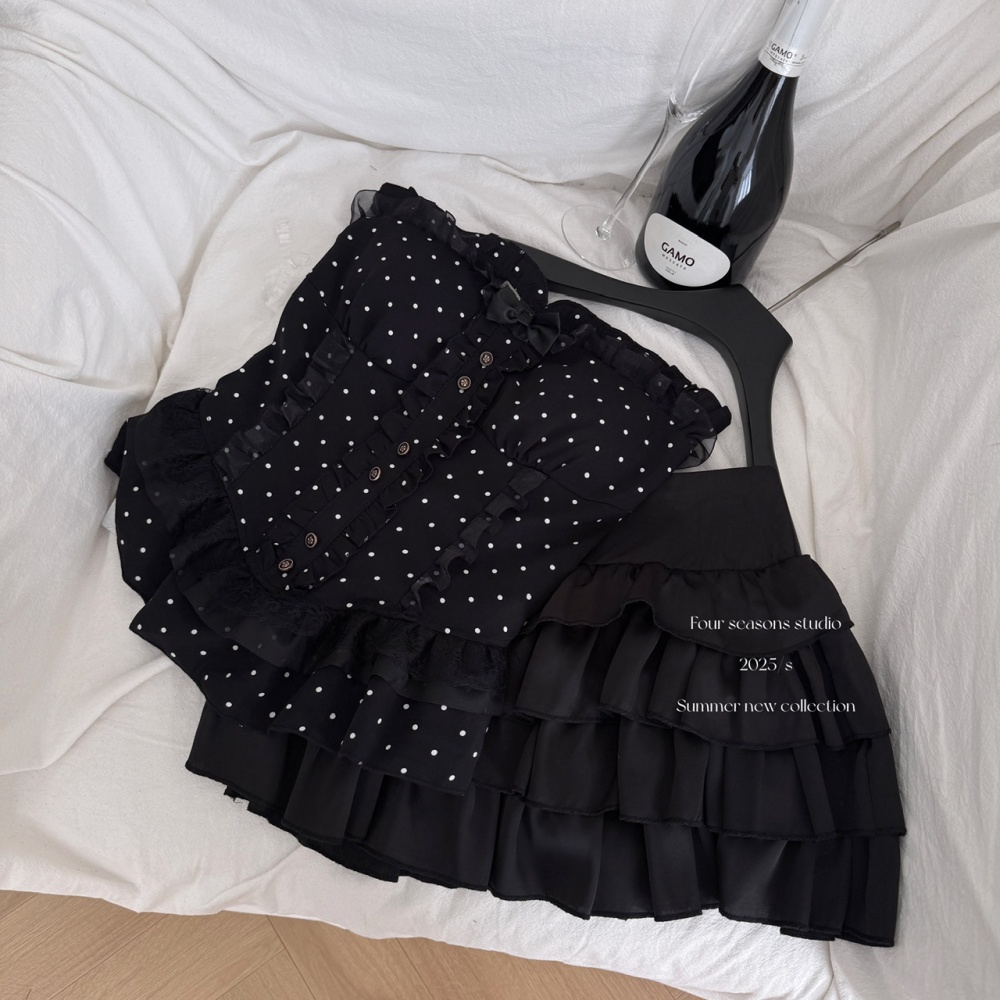 Enticement high waist short skirt polka dot vest a set