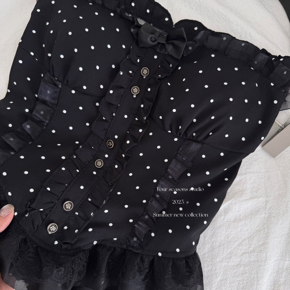 Enticement high waist short skirt polka dot vest a set